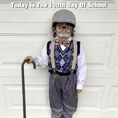 Old Man Costume Accessories, Grandpa Costume Set with Fake Beard Eyebrow Walking Cane Glasses Suspender for Kids Boys Red in Kuwait