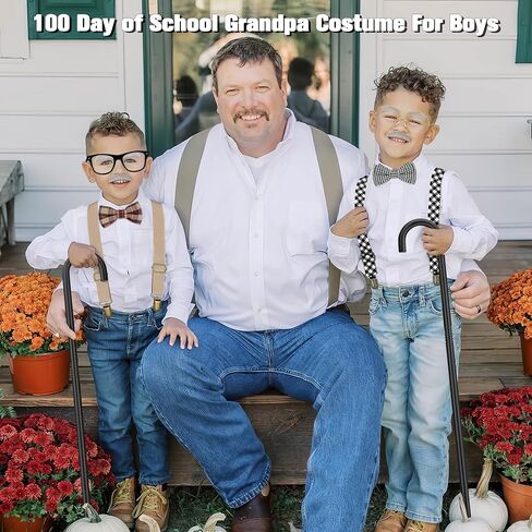 Old Man Costume Accessories, Grandpa Costume Set with Fake Beard Eyebrow Walking Cane Glasses Suspender for Kids Boys Red in Kuwait