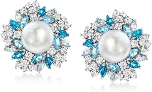 Ross-Simons 8.5-9mm Cultured Pearl and 3.70 ct. t.w. Tonal Blue and White Topaz Earrings in Sterling Silver in Saudi Arabia