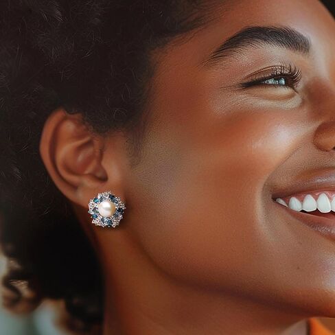 Ross-Simons 8.5-9mm Cultured Pearl and 3.70 ct. t.w. Tonal Blue and White Topaz Earrings in Sterling Silver in Saudi Arabia