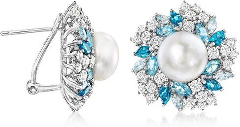 Ross-Simons 8.5-9mm Cultured Pearl and 3.70 ct. t.w. Tonal Blue and White Topaz Earrings in Sterling Silver in Saudi Arabia