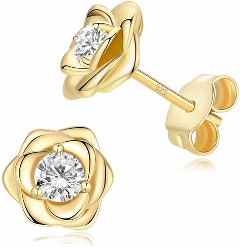 14K Gold Plated 925 Sterling Silver Post Rose Flower Stud Earrings for Women Birthstone Cubic Zirconia Studs Earrings Hypoallergenic & Nickel Free Jewelry in Saudi Arabia