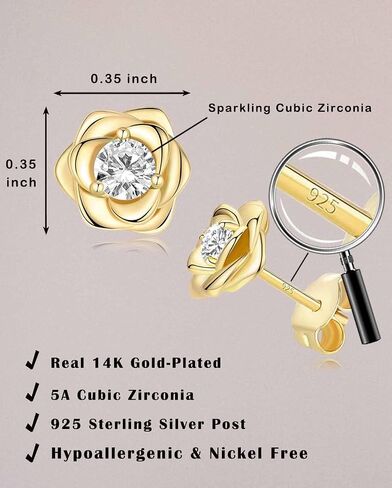 14K Gold Plated 925 Sterling Silver Post Rose Flower Stud Earrings for Women Birthstone Cubic Zirconia Studs Earrings Hypoallergenic & Nickel Free Jewelry in Saudi Arabia