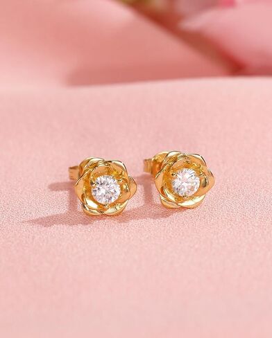 14K Gold Plated 925 Sterling Silver Post Rose Flower Stud Earrings for Women Birthstone Cubic Zirconia Studs Earrings Hypoallergenic & Nickel Free Jewelry in Saudi Arabia