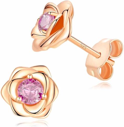 14K Gold Plated 925 Sterling Silver Post Rose Flower Stud Earrings for Women Birthstone Cubic Zirconia Studs Earrings Hypoallergenic & Nickel Free Jewelry in Saudi Arabia