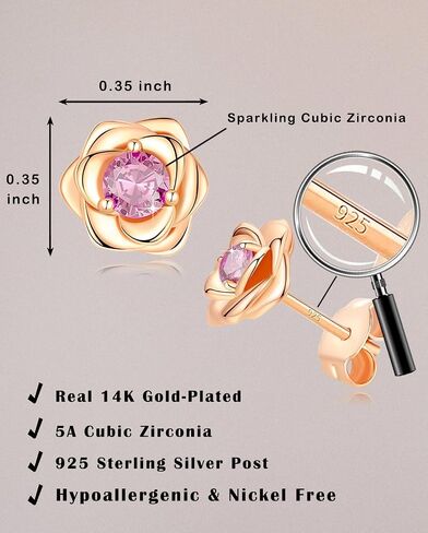 14K Gold Plated 925 Sterling Silver Post Rose Flower Stud Earrings for Women Birthstone Cubic Zirconia Studs Earrings Hypoallergenic & Nickel Free Jewelry in Saudi Arabia