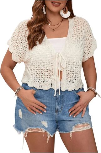Floerns Women's Plus Size Crochet Hollow Out Tie Front Scallop Trim Crop Cardigan Sweater in Kuwait