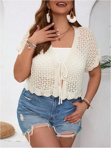 Floerns Women's Plus Size Crochet Hollow Out Tie Front Scallop Trim Crop Cardigan Sweater in Kuwait