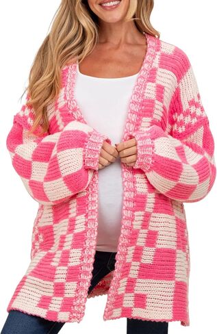 Womens Checkered Sweater Open Front Long Sleeve Color Block Plaid Cardigans Oversized Knit Coats in Saudi Arabia