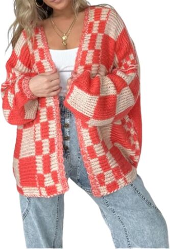 Womens Checkered Sweater Open Front Long Sleeve Color Block Plaid Cardigans Oversized Knit Coats in Saudi Arabia