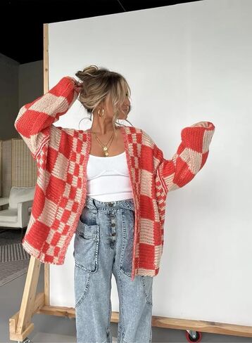 Womens Checkered Sweater Open Front Long Sleeve Color Block Plaid Cardigans Oversized Knit Coats in Saudi Arabia