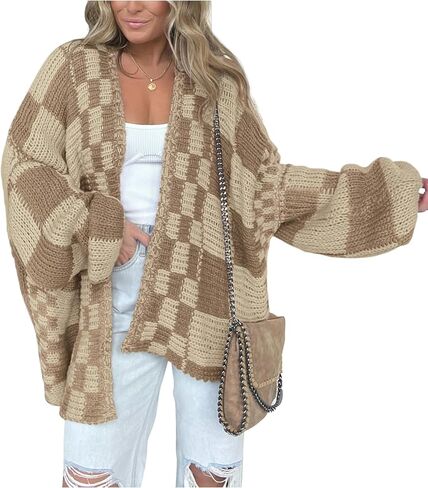 Womens Checkered Sweater Open Front Long Sleeve Color Block Plaid Cardigans Oversized Knit Coats in Saudi Arabia