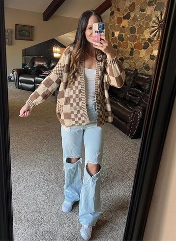 Womens Checkered Sweater Open Front Long Sleeve Color Block Plaid Cardigans Oversized Knit Coats in Saudi Arabia