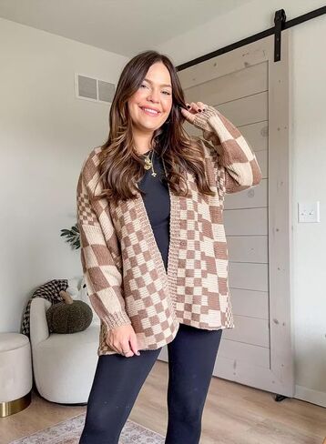 Womens Checkered Sweater Open Front Long Sleeve Color Block Plaid Cardigans Oversized Knit Coats in Saudi Arabia
