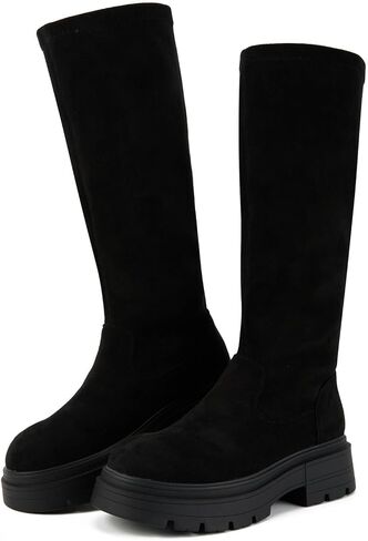 حذاء Putu نسائي طويل حتى الركبة، مريح من جلد الغزال الصناعي وكعب مكتنز ومقدمة مستديرة وسحب على الأحذية الطويلة in Kuwait