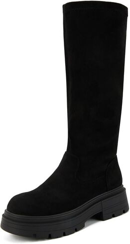 حذاء Putu نسائي طويل حتى الركبة، مريح من جلد الغزال الصناعي وكعب مكتنز ومقدمة مستديرة وسحب على الأحذية الطويلة in Kuwait