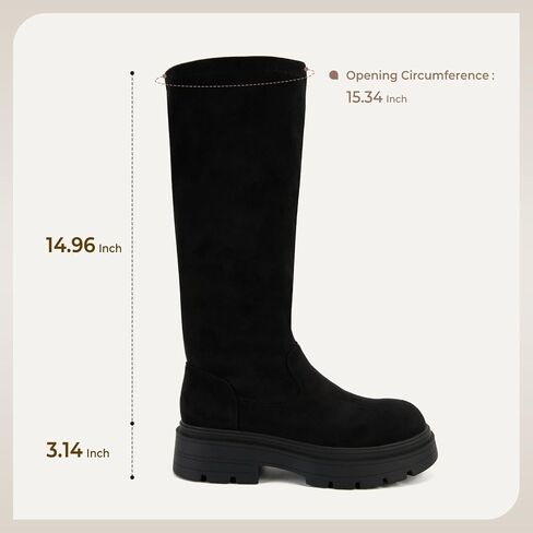 حذاء Putu نسائي طويل حتى الركبة، مريح من جلد الغزال الصناعي وكعب مكتنز ومقدمة مستديرة وسحب على الأحذية الطويلة in Kuwait