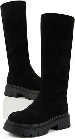 حذاء Putu نسائي طويل حتى الركبة، مريح من جلد الغزال الصناعي وكعب مكتنز ومقدمة مستديرة وسحب على الأحذية الطويلة in Kuwait