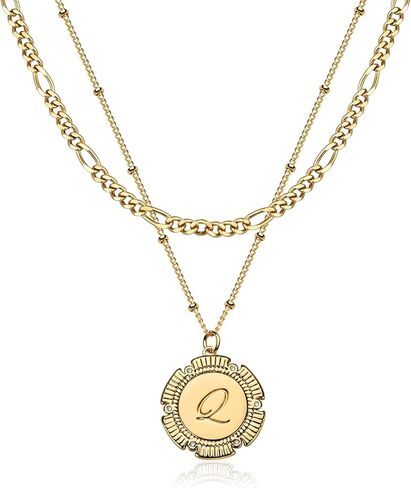قلادات أولية بطبقات ذهبية من Fettero للنساء، قلادة دائرية مطلية بالذهب عيار 14 قيراط حرف فيجارو أنيق سلسلة قلادة مجوهرات شخصية هدية عيد ميلاد للنساء حرف L in Kuwait