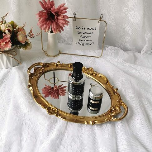 Ham Hamphinee Oval Floral Wall Mirror Tray, Dresser Organizer Tray, Decorative Perfume Mirror Tray, Serving Tray, 9.5’’ X 14.5’’, Gold in Saudi Arabia