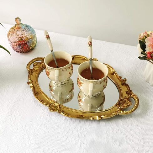 Ham Hamphinee Oval Floral Wall Mirror Tray, Dresser Organizer Tray, Decorative Perfume Mirror Tray, Serving Tray, 9.5’’ X 14.5’’, Gold in Saudi Arabia