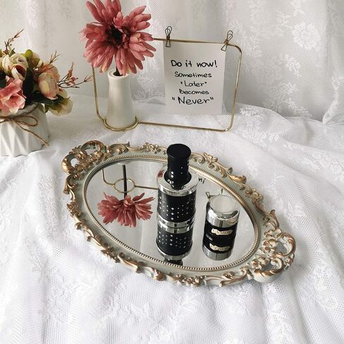 Ham Hamphinee Oval Floral Wall Mirror Tray, Dresser Organizer Tray, Decorative Perfume Mirror Tray, Serving Tray, 9.5’’ X 14.5’’, Gold in Saudi Arabia