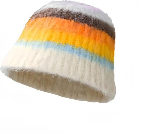 Fuzzy Striped Mohair Beanie Hat, Crochet Knitted Beanie for Women, Y2K Multicolored Stripes, Reversible Furry Beanie for Men in Saudi Arabia