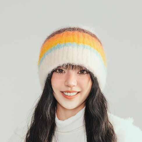 Fuzzy Striped Mohair Beanie Hat, Crochet Knitted Beanie for Women, Y2K Multicolored Stripes, Reversible Furry Beanie for Men in Saudi Arabia