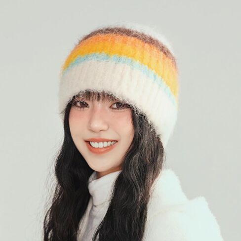 Fuzzy Striped Mohair Beanie Hat, Crochet Knitted Beanie for Women, Y2K Multicolored Stripes, Reversible Furry Beanie for Men in Saudi Arabia