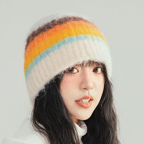 Fuzzy Striped Mohair Beanie Hat, Crochet Knitted Beanie for Women, Y2K Multicolored Stripes, Reversible Furry Beanie for Men in Saudi Arabia