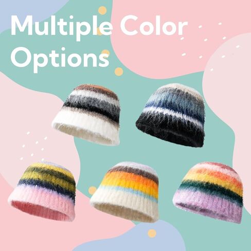 Fuzzy Striped Mohair Beanie Hat, Crochet Knitted Beanie for Women, Y2K Multicolored Stripes, Reversible Furry Beanie for Men in Saudi Arabia