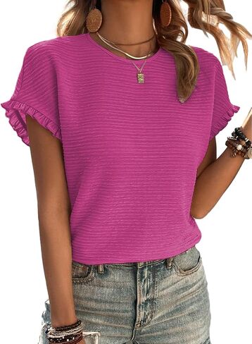 Samefar Womens Short Sleeve Tops Round Neck Ruffle Casual Summer Textured Work T Shirts Tee Blouse in Saudi Arabia