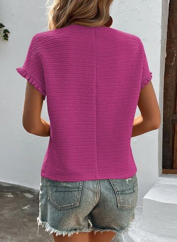 Samefar Womens Short Sleeve Tops Round Neck Ruffle Casual Summer Textured Work T Shirts Tee Blouse in Saudi Arabia