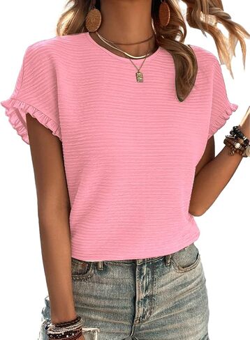 Samefar Womens Short Sleeve Tops Round Neck Ruffle Casual Summer Textured Work T Shirts Tee Blouse in Saudi Arabia