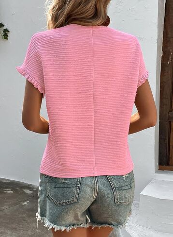 Samefar Womens Short Sleeve Tops Round Neck Ruffle Casual Summer Textured Work T Shirts Tee Blouse in Saudi Arabia