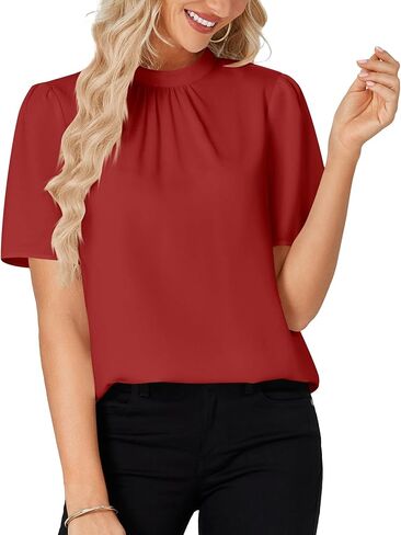 Rooscier Women's Mock Neck Short Sleeve Ruched Front Elegant Workwear Blouse Shirt Top in Saudi Arabia