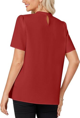 Rooscier Women's Mock Neck Short Sleeve Ruched Front Elegant Workwear Blouse Shirt Top in Saudi Arabia
