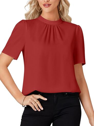 Rooscier Women's Mock Neck Short Sleeve Ruched Front Elegant Workwear Blouse Shirt Top in Saudi Arabia