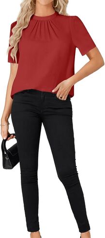 Rooscier Women's Mock Neck Short Sleeve Ruched Front Elegant Workwear Blouse Shirt Top in Saudi Arabia