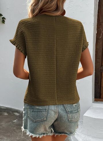 تي شيرت نسائي بأكمام قصيرة من Samefar ورقبة دائرية مكشكشة كاجوال صيفي مزخرف للعمل in Kuwait