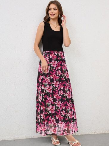 Moss Rose Women's Summer Dress Sleeveless Maxi Dresses Empire Waist Floral Print Casual Long Dress in Saudi Arabia