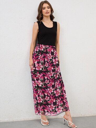 Moss Rose Women's Summer Dress Sleeveless Maxi Dresses Empire Waist Floral Print Casual Long Dress in Saudi Arabia