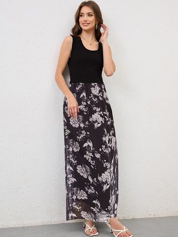 Moss Rose Women's Summer Dress Sleeveless Maxi Dresses Empire Waist Floral Print Casual Long Dress in Saudi Arabia