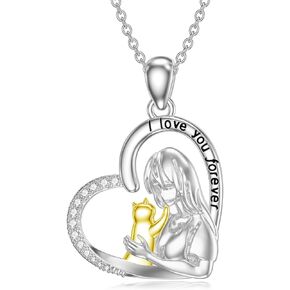 LONAGO Cat Heart Necklace Kitten Cat Necklace SIlver Kitty Cat Heart Pendant Necklace Birthday Gift for Women