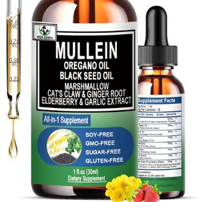 16-in-1 Organic Mullein Drops for Lungs | Mullein Leaf Extract w/Oil of Oregano with Black Seed Oil | Non-GMO&Gluten Free Respiratory Health Liquid Drops | Mullein Supplement Cleanse for Smokers
