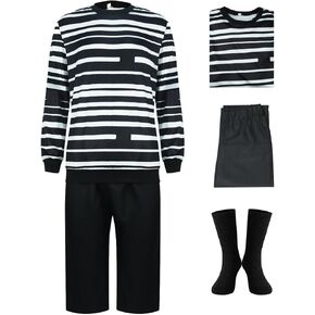 PAINEOMN Pugsley Addams Costume for Boys Black and White Striped Shirt Crew Neck T-shirt Shorts Set Halloween Novelty Cosplay
