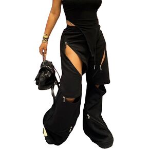Unybwonn Women High Waist Wide Leg Y2k Sweatpants Baggy Patchwork Multi Zipper Ripped Cutout Joggers Pants Streetwear
