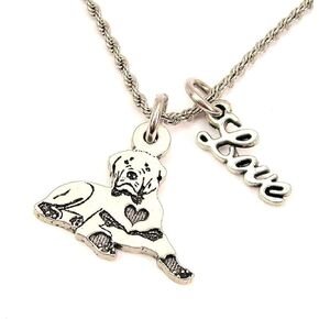 Sitting Rottweiler With Heart Stainless Steel Rope Chain Necklace With White Crystal Accent