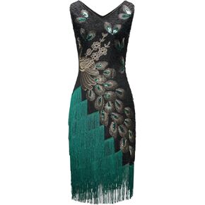 FAIRY COUPLE Women's 1920s Vintage Peacock Flapper Fringed Great Gatsby Dresses S070