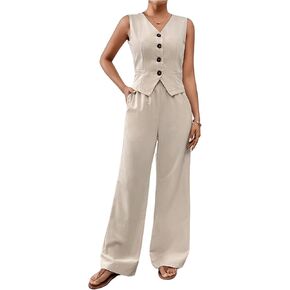 MakeMeChic Women's Pant Suits Dressy 2 Piece Sets V Neck Button Down Sleeveless Blazer Vest Tops and Wide Leg Pants Sets